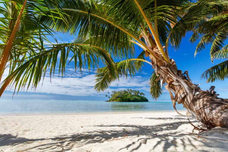Beautiful tropical beach with palm trees, white sand,
